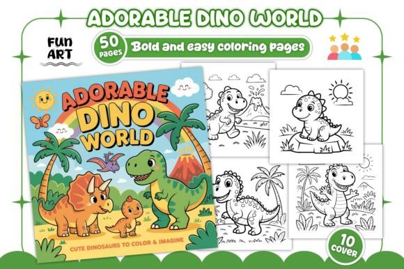 Adorable Dino World Coloring Book Graphics for Branding