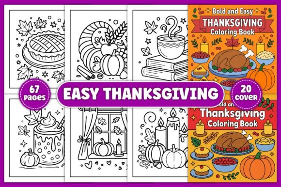Easy Thanksgiving Coloring Pages Bundle for Graphics & Projects
